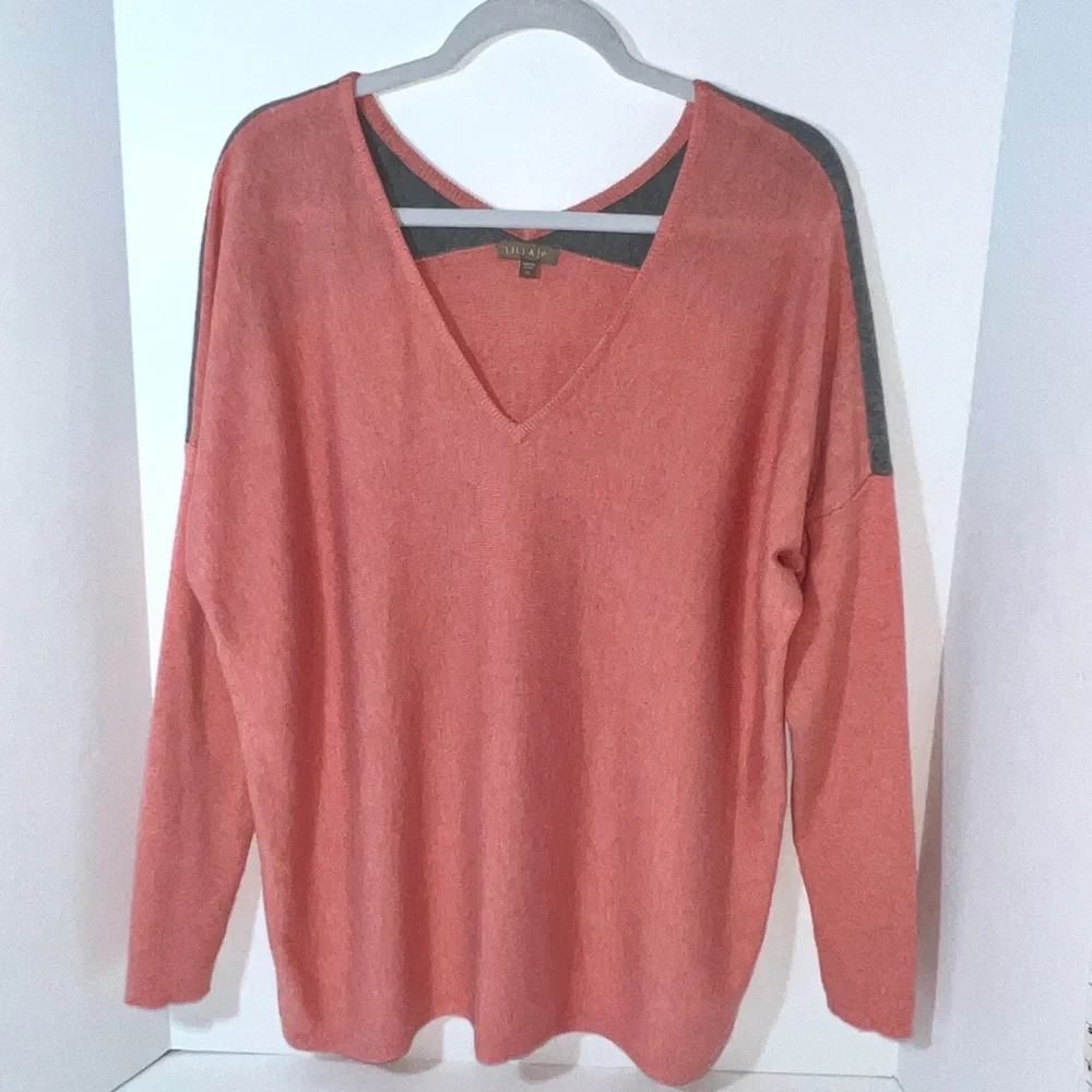 Lilla P‎ Woman's Coral Grey Modal Cotton V Neck Relaxed Fit Sweater Size XL